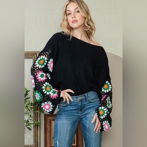 Black Floral Crochet Bell Sleeve Loose Sweater